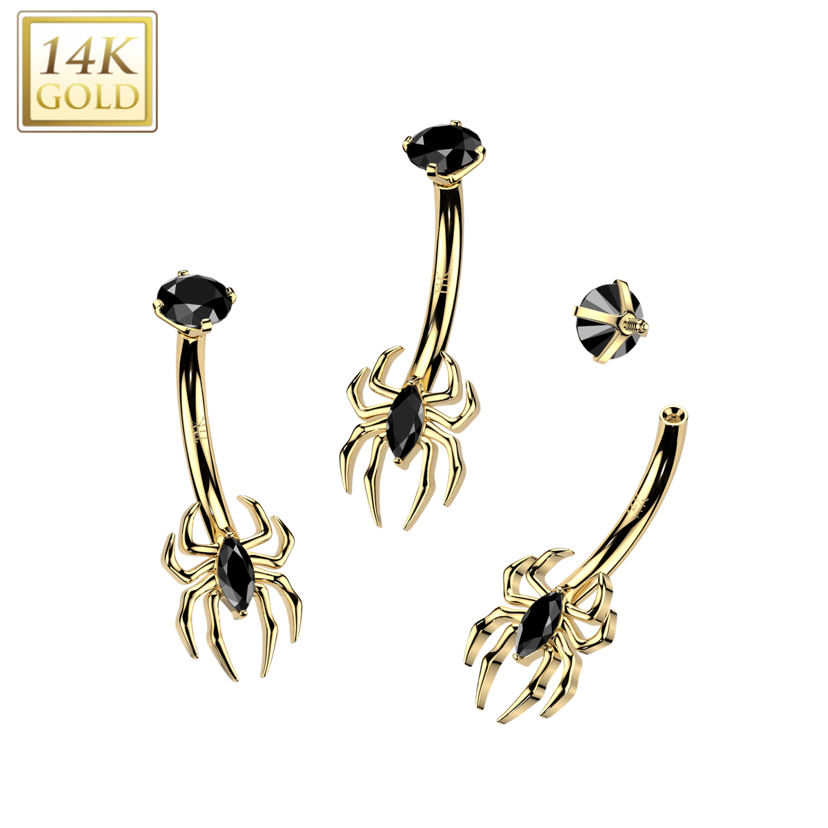 14K Gold Internally Threaded Marquise CZ Spider Belly Ring With Prong Set Round CZ Top