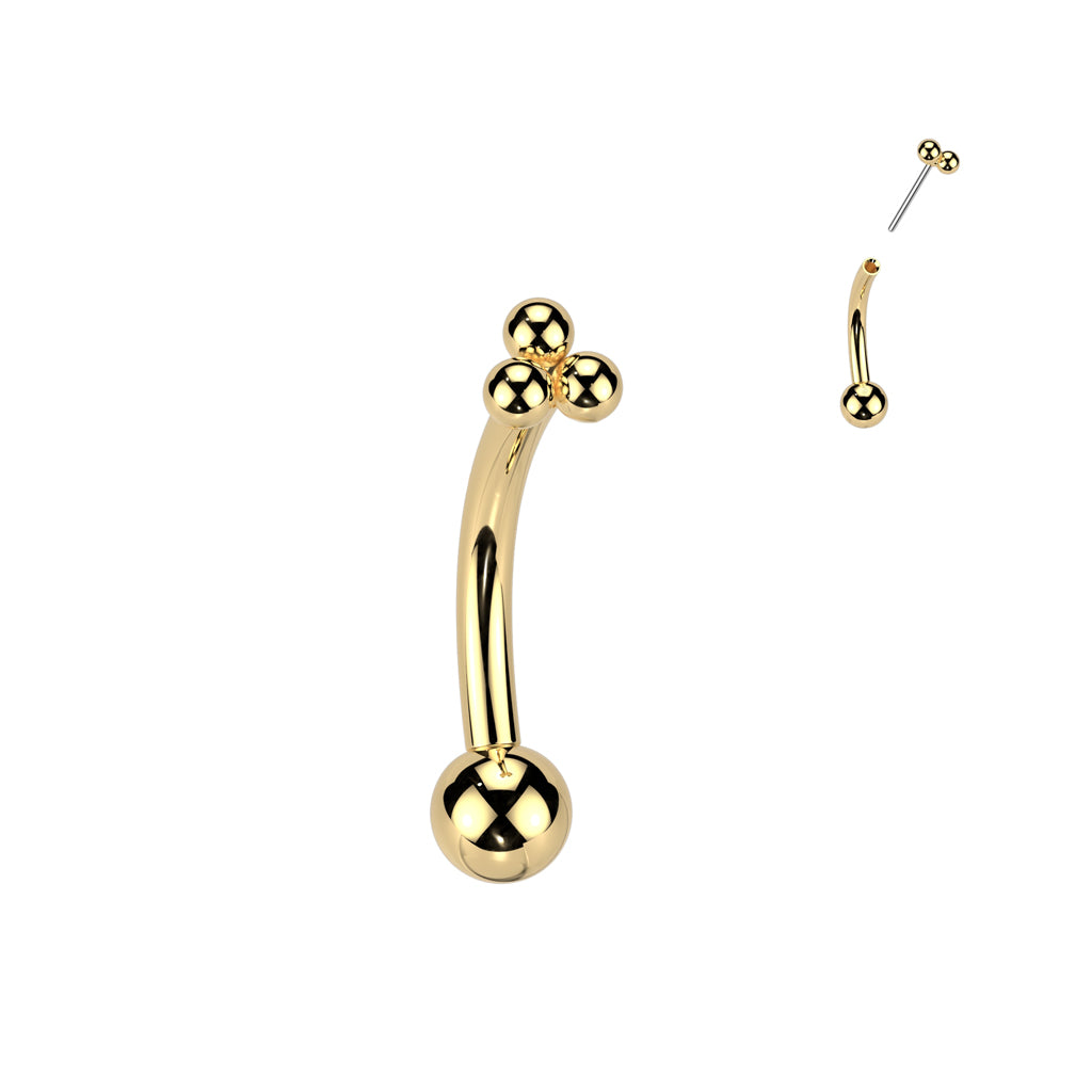 Titanium Threadless Push In Eyebrow Curved Barbell With Triangular Trinity Ball Cluster Top