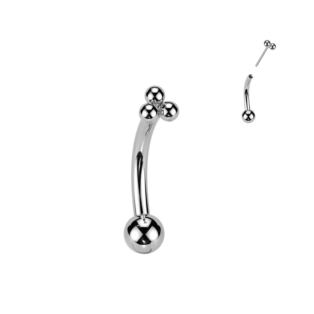 Titanium Threadless Push In Eyebrow Curved Barbell With Triangular Trinity Ball Cluster Top