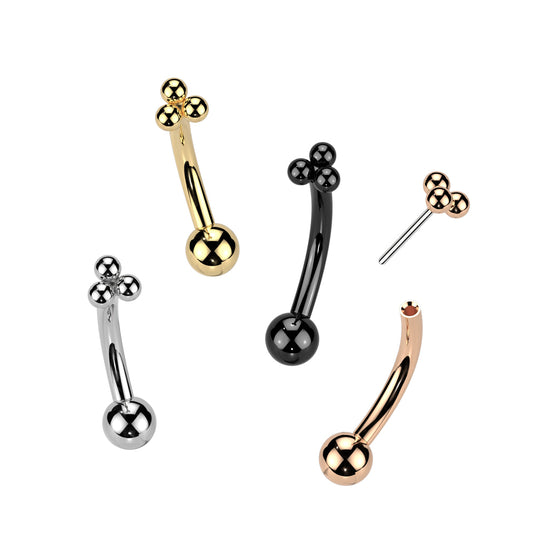 Titanium Threadless Push In Eyebrow Curved Barbell With Triangular Trinity Ball Cluster Top