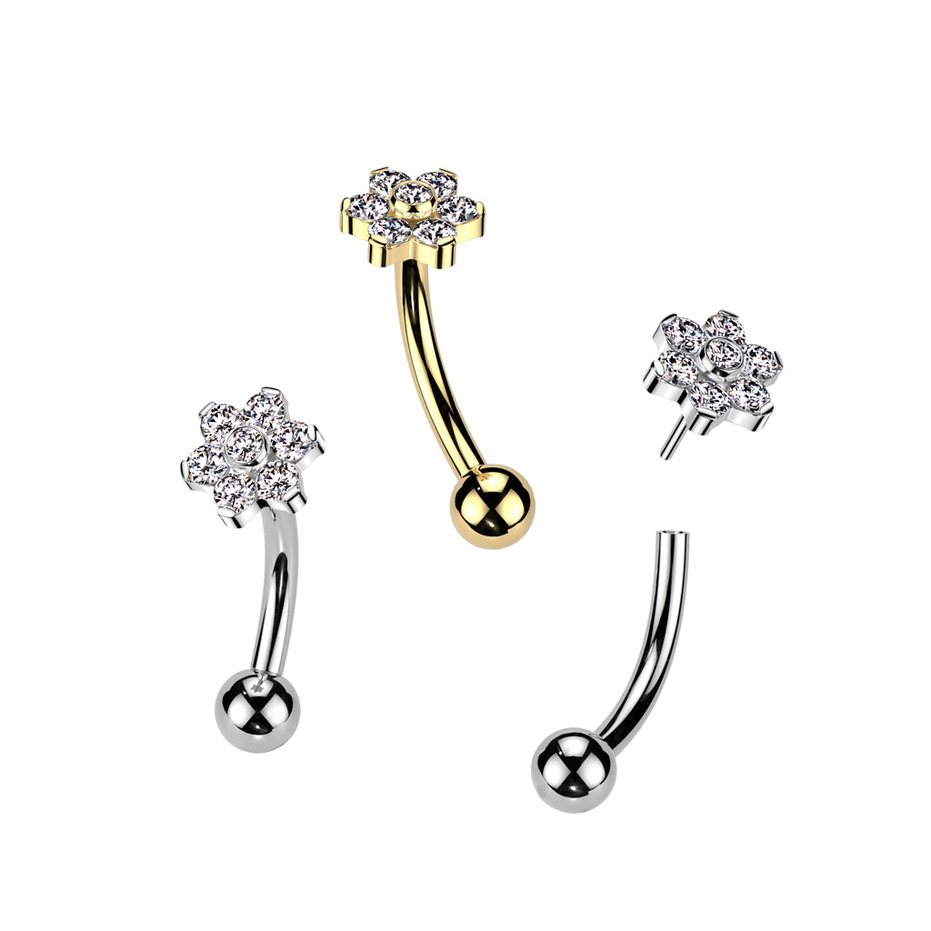 Threadless Push In Eyebrow Curved Barbell With Prong Set CZ Flower With Bezel Set CZ Center