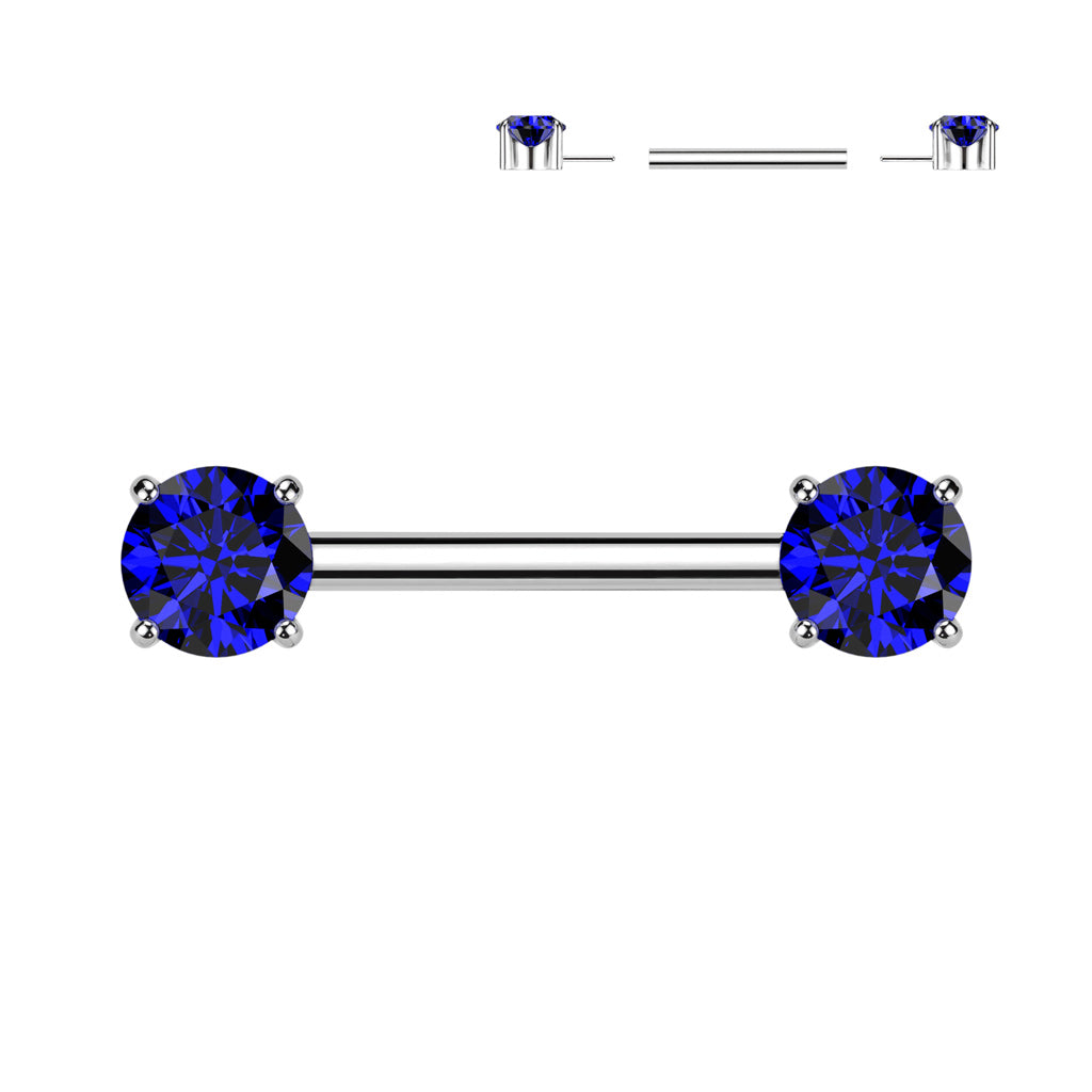 Implant Grade Titanium Threadless Push In Nipple Barbell With Prong Set CZ Ends
