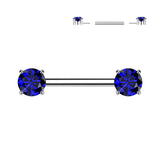 Implant Grade Titanium Threadless Push In Nipple Barbell With Prong Set CZ Ends
