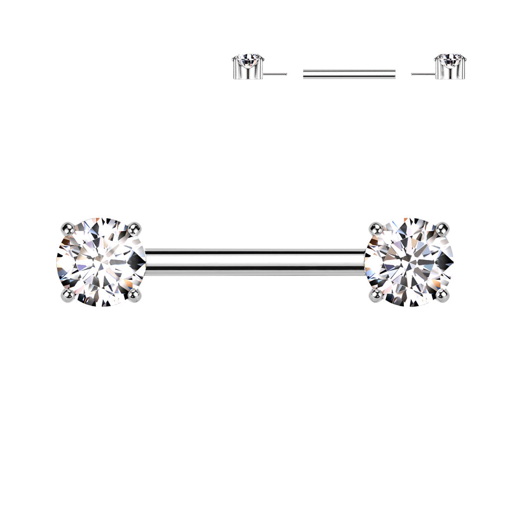 Implant Grade Titanium Threadless Push In Nipple Barbell With Prong Set CZ Ends