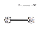 Implant Grade Titanium Threadless Push In Nipple Barbell With Prong Set CZ Ends