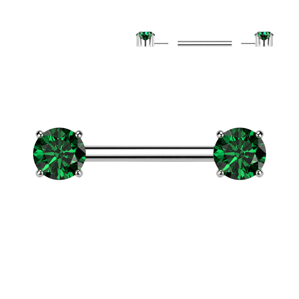 Implant Grade Titanium Threadless Push In Nipple Barbell With Prong Set CZ Ends