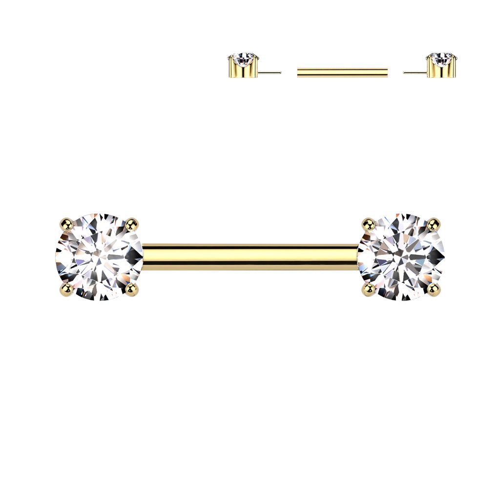 Implant Grade Titanium Threadless Push In Nipple Barbell With Prong Set CZ Ends