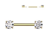 Implant Grade Titanium Threadless Push In Nipple Barbell With Prong Set CZ Ends
