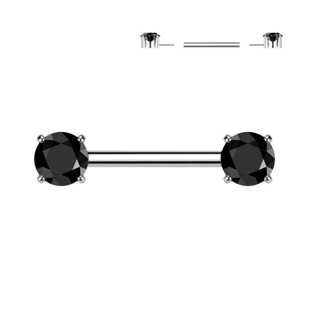 Implant Grade Titanium Threadless Push In Nipple Barbell With Prong Set CZ Ends