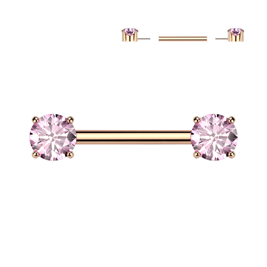 Implant Grade Titanium Threadless Push In Nipple Barbell With Prong Set CZ Ends