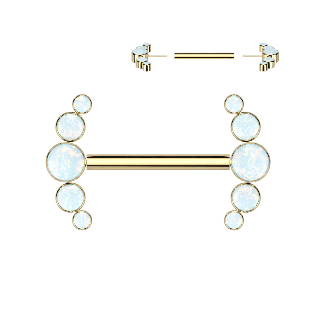 Implant Grade Titanium Threadless Push In Nipple Barbell With 5 Bezel Set Opal Ends
