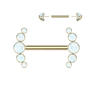 Implant Grade Titanium Threadless Push In Nipple Barbell With 5 Bezel Set Opal Ends