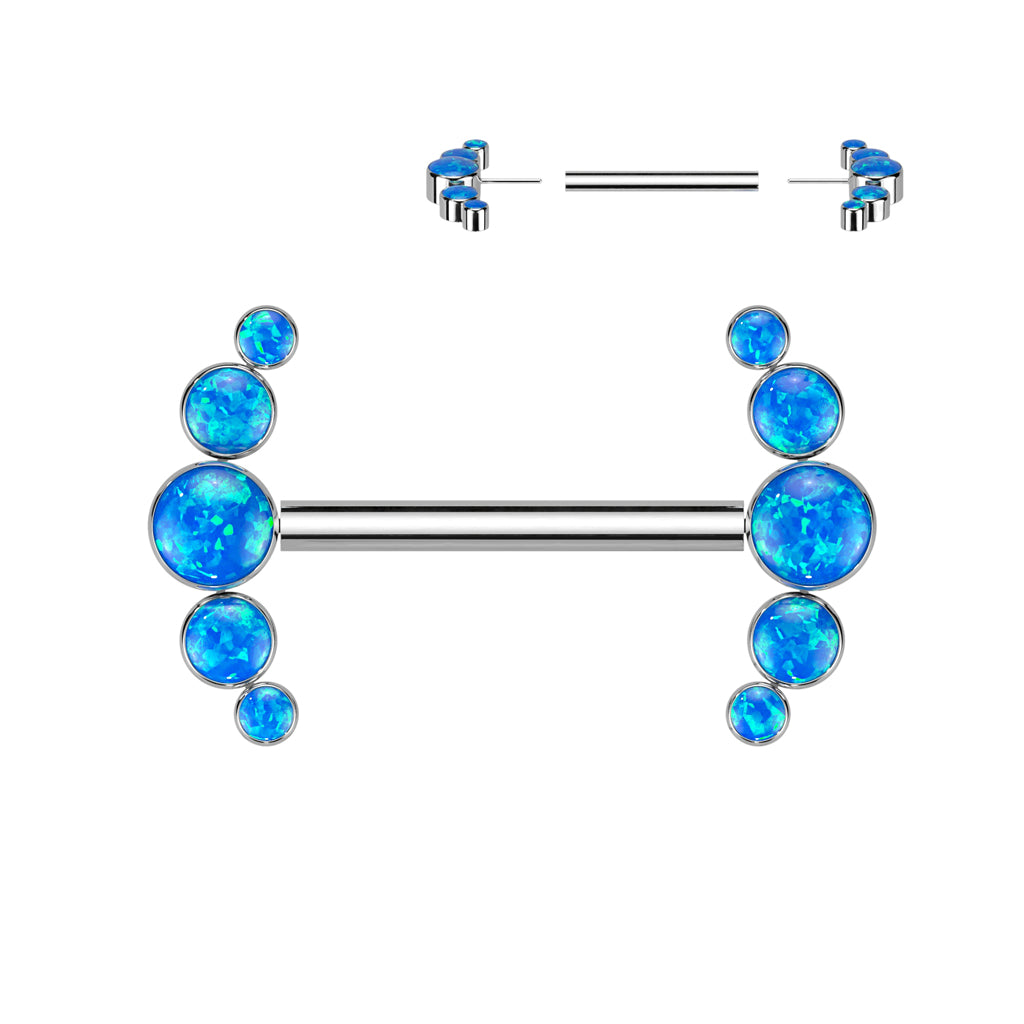 Implant Grade Titanium Threadless Push In Nipple Barbell With 5 Bezel Set Opal Ends