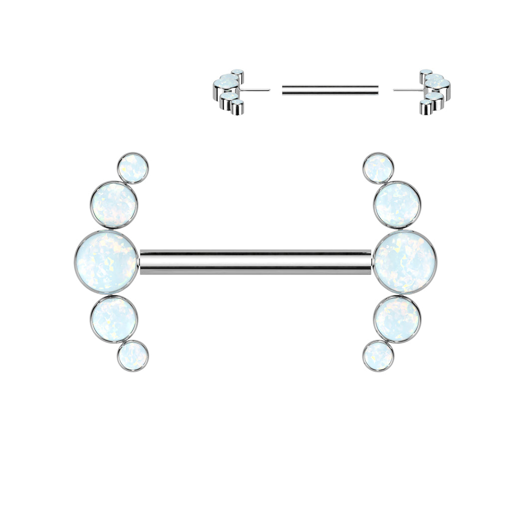 Implant Grade Titanium Threadless Push In Nipple Barbell With 5 Bezel Set Opal Ends