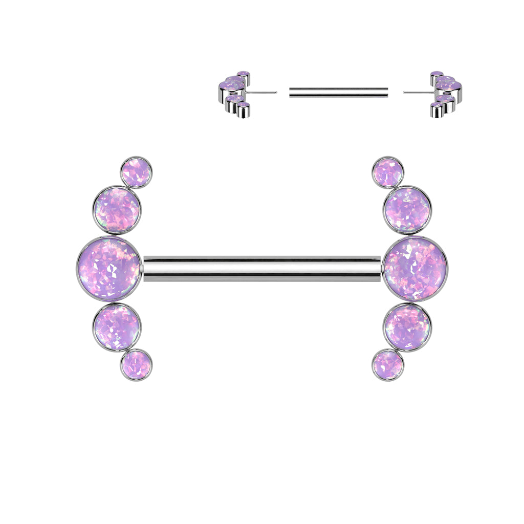 Implant Grade Titanium Threadless Push In Nipple Barbell With 5 Bezel Set Opal Ends