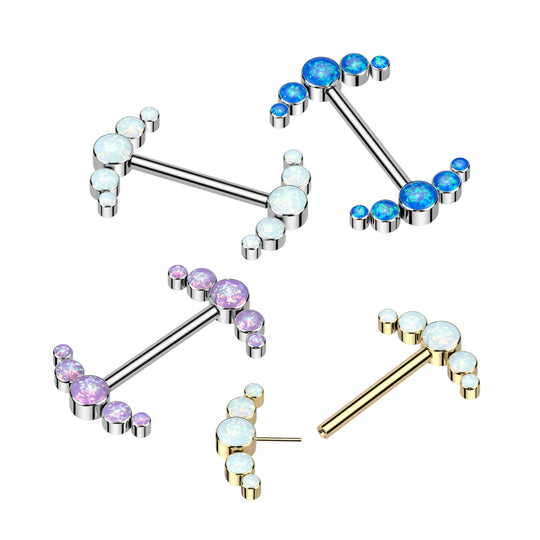 Implant Grade Titanium Threadless Push In Nipple Barbell With 5 Bezel Set Opal Ends