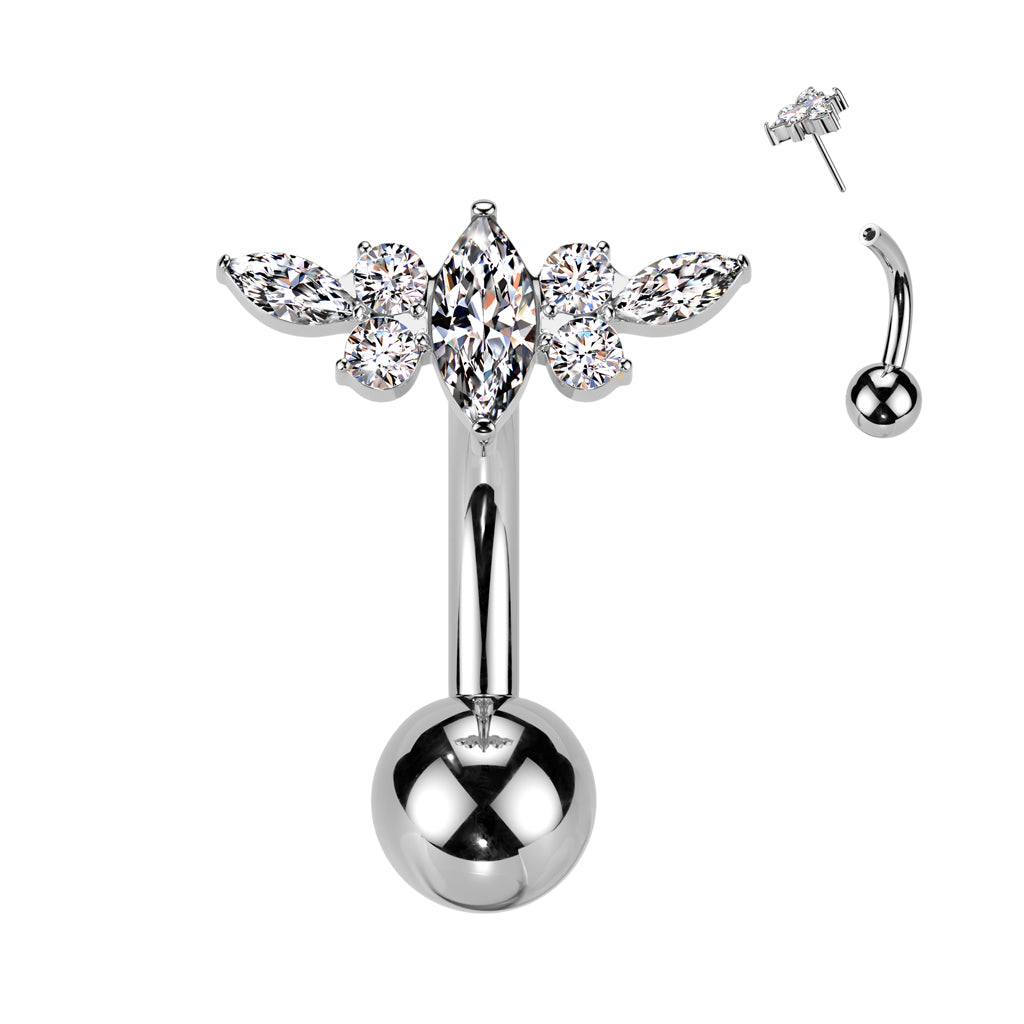 Titanium Threadless Push In Belly Button Ring With Marquise CZ Center CZ Wing Top