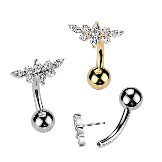 Titanium Threadless Push In Belly Button Ring With Marquise CZ Center CZ Wing Top