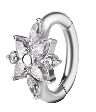 Anneau de nombril Clicker en CoCr avec une fleur et pierres