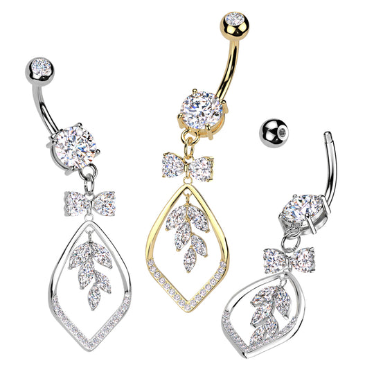CZ Ribbon With Marquise CZ Vine Dangle Belly Button Navel Ring
