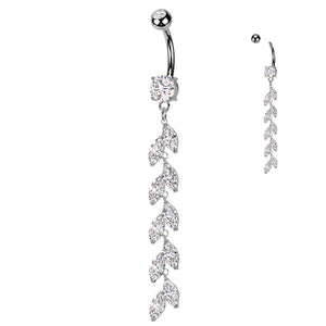 Belly Button Ring With Vertical Drop Marquise CZ Petals