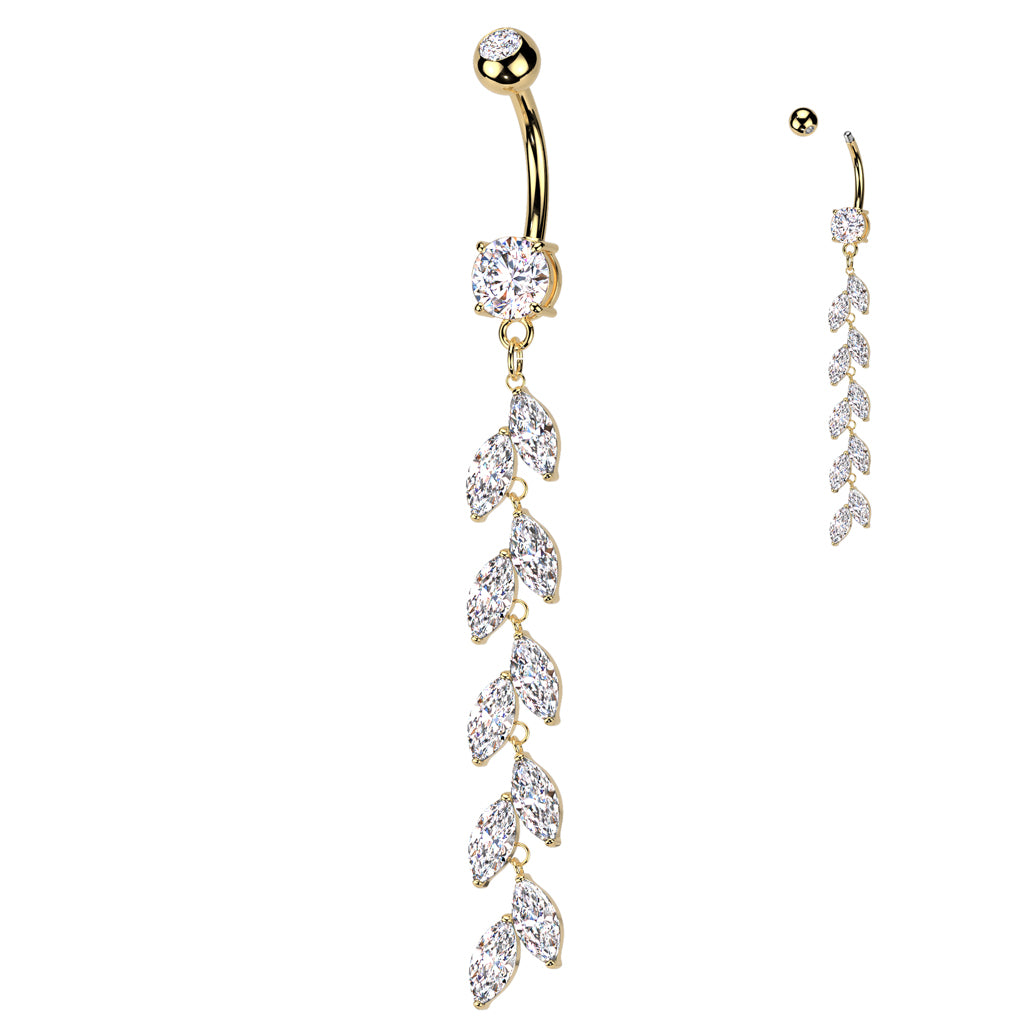 Belly Button Ring With Vertical Drop Marquise CZ Petals