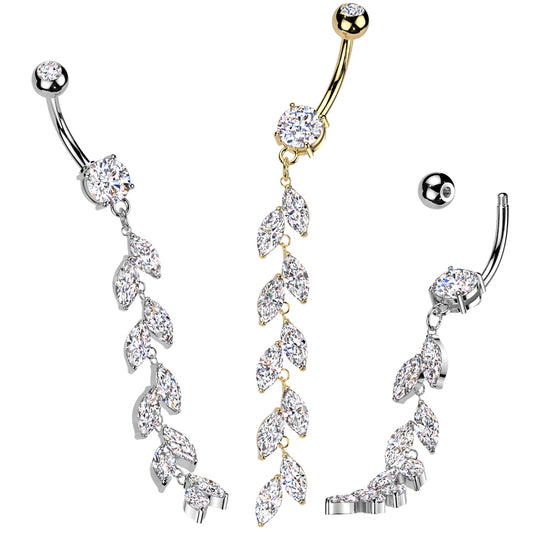 Belly Button Ring With Vertical Drop Marquise CZ Petals