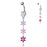 Belly Button Ring With Multicolored Triple CZ Flower Dangle