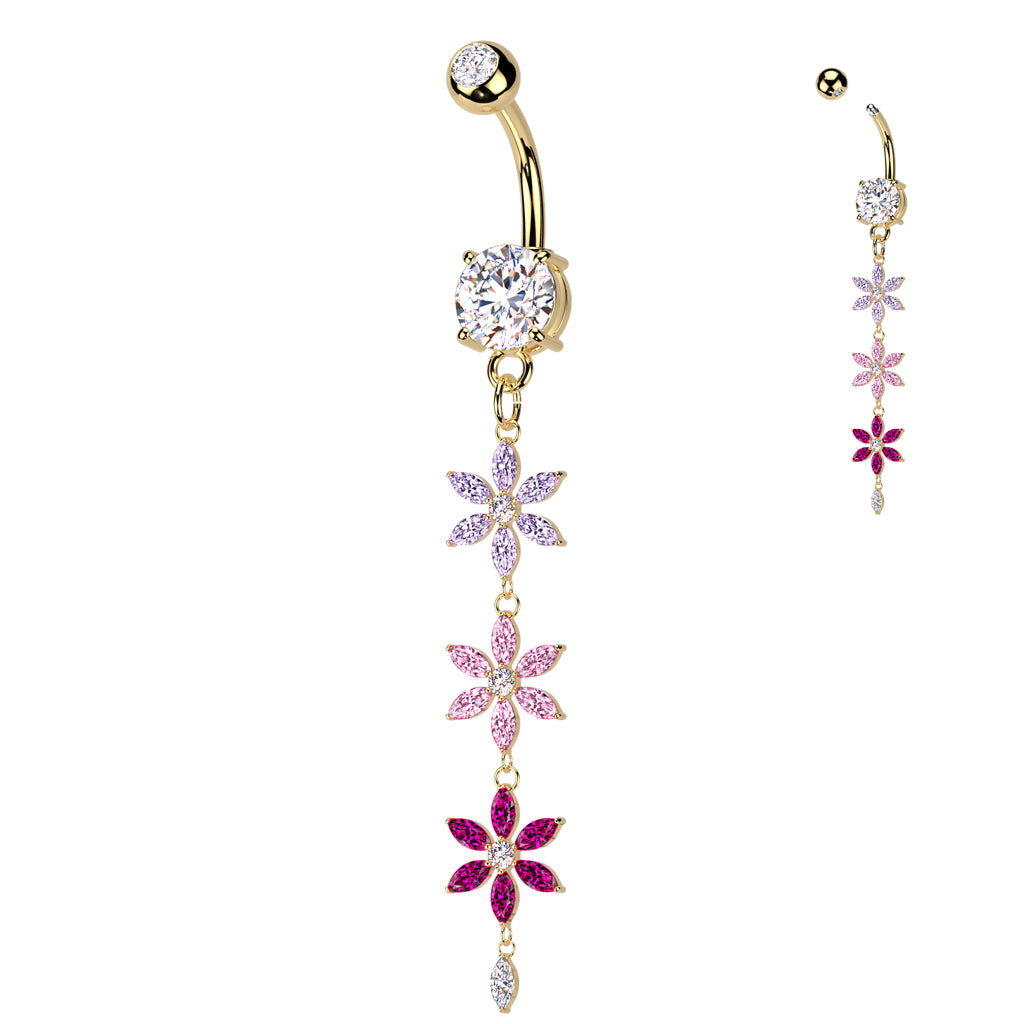 Belly Button Ring With Multicolored Triple CZ Flower Dangle