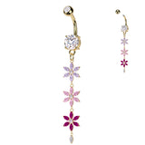 Belly Button Ring With Multicolored Triple CZ Flower Dangle