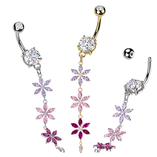 Belly Button Ring With Multicolored Triple CZ Flower Dangle
