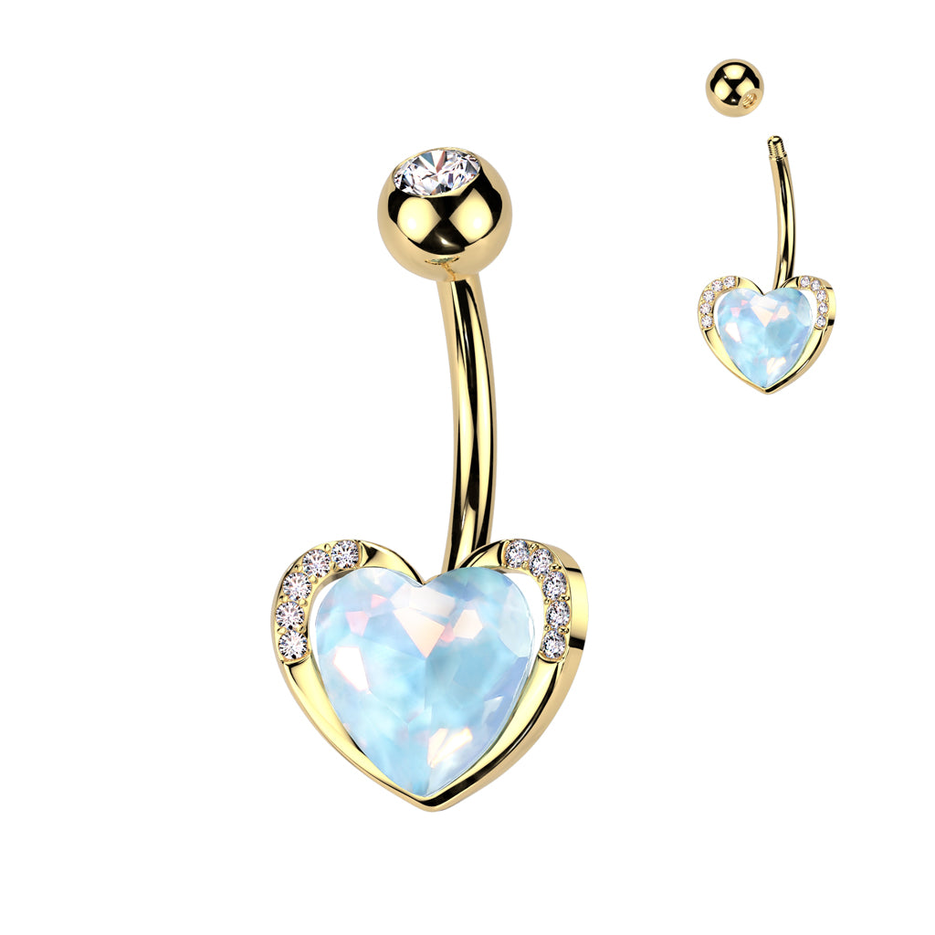 Heart CZ Belly Button Navel Ring With CZ Pave Edge