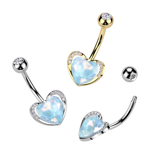 Heart CZ Belly Button Navel Ring With CZ Pave Edge