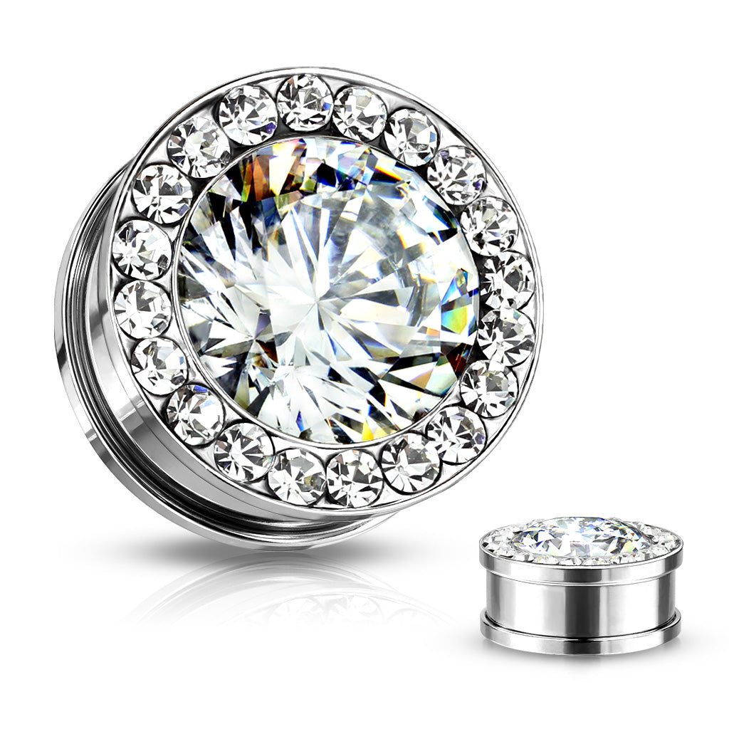 Clear Round CZ Center with CZ Around Rim 316L Surgical Steel Screw Fit Flesh Tunnels