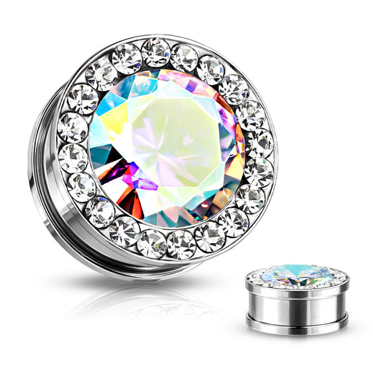 Clear / Aurora Borealis Round CZ Center with CZ Around Rim 316L Surgical Steel Screw Fit Flesh Tunnels (Copy)
