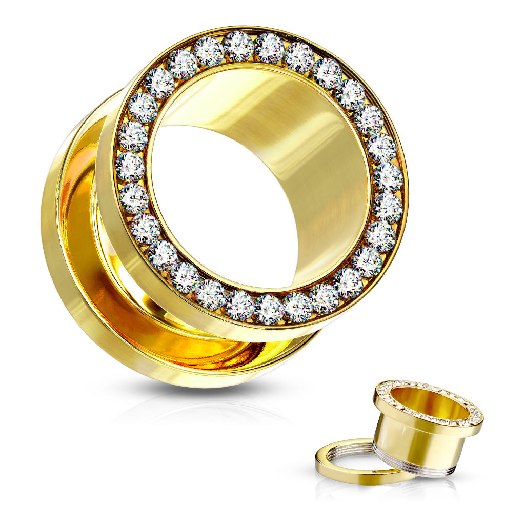 Clear Gem Set Rim PVD Over 316L Surgical Steel Screw Fit Flesh Tunnels