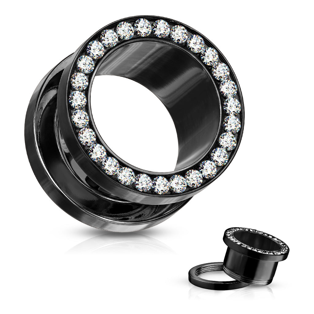 Clear Gem Set Rim PVD Over 316L Surgical Steel Screw Fit Flesh Tunnels