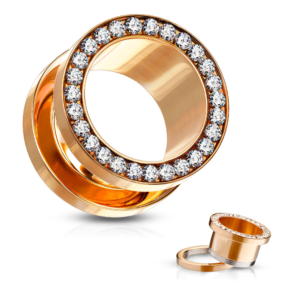 Clear Gem Set Rim PVD Over 316L Surgical Steel Screw Fit Flesh Tunnels