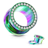 Clear Gem Set Rim PVD Over 316L Surgical Steel Screw Fit Flesh Tunnels