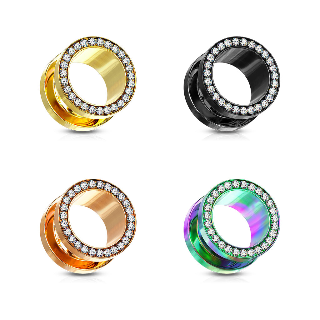 Clear Gem Set Rim PVD Over 316L Surgical Steel Screw Fit Flesh Tunnels