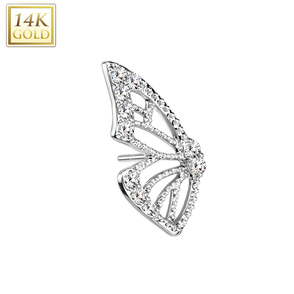14K Gold Threadless Top Butterfly Wing with Pave CZ's