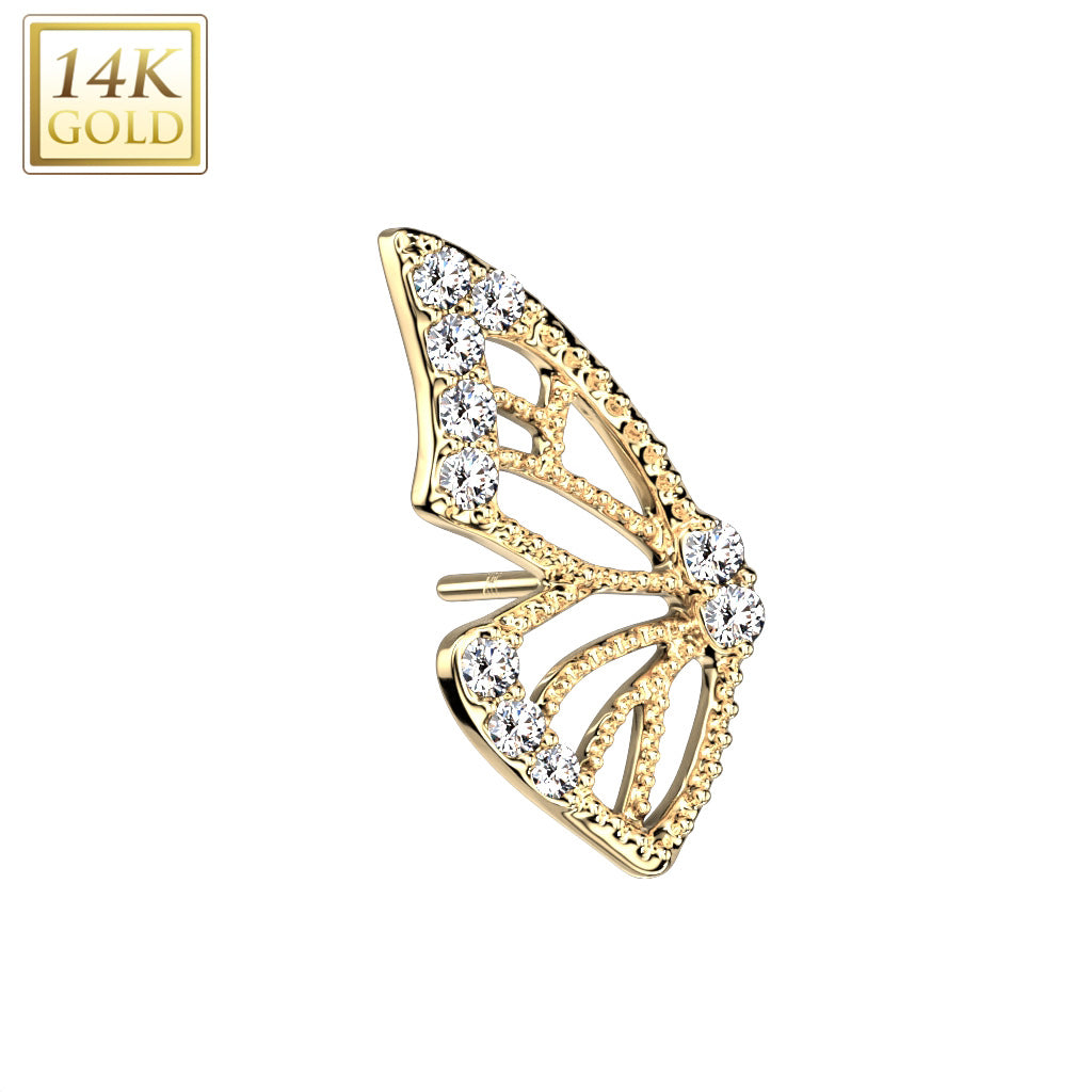 14K Gold Threadless Top Butterfly Wing with Pave CZ's