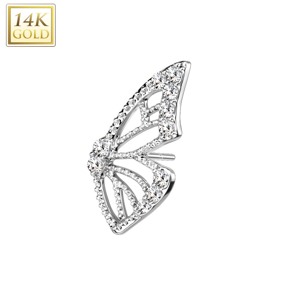 14K Gold Threadless Top Butterfly Wing with Pave CZ's