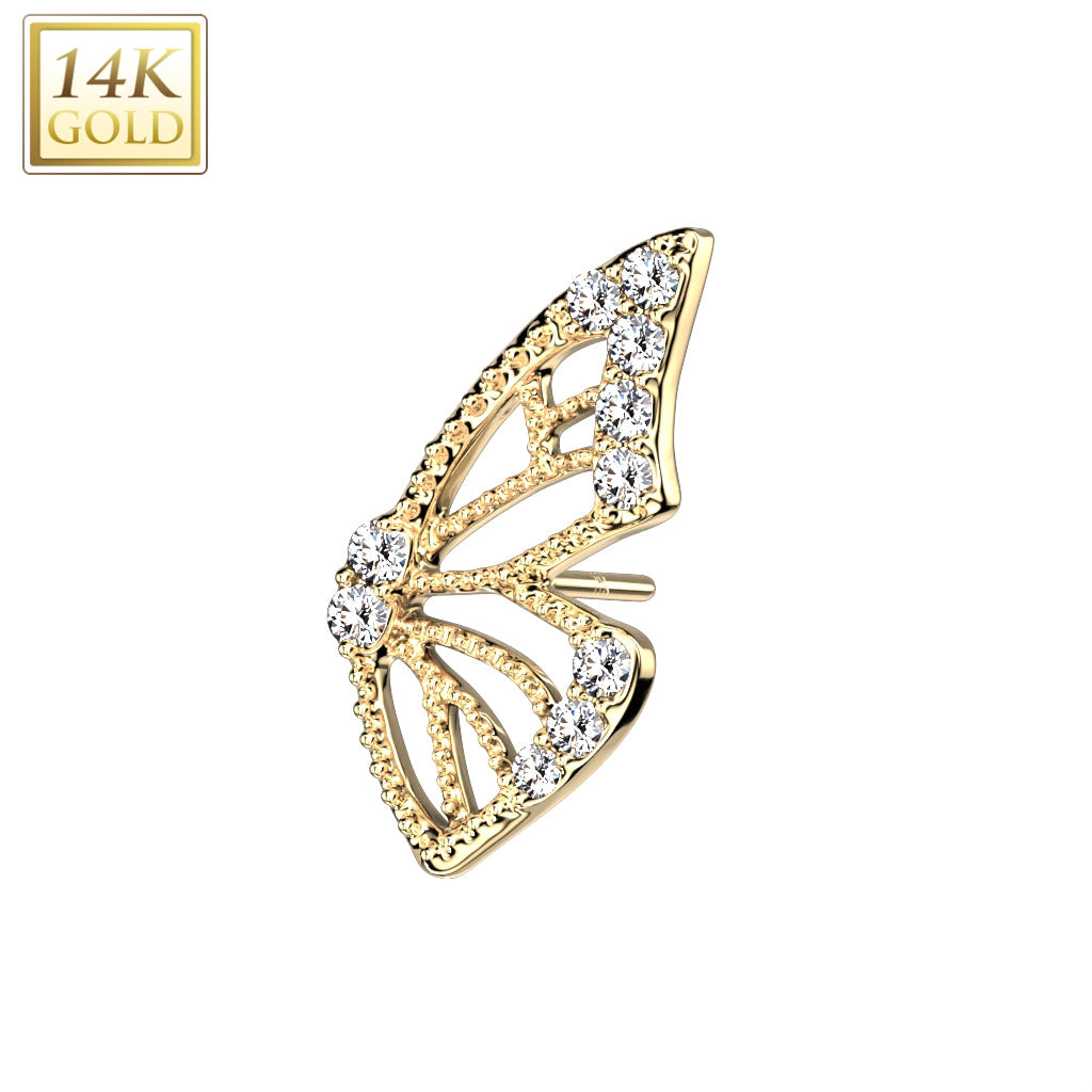 14K Gold Threadless Top Butterfly Wing with Pave CZ's