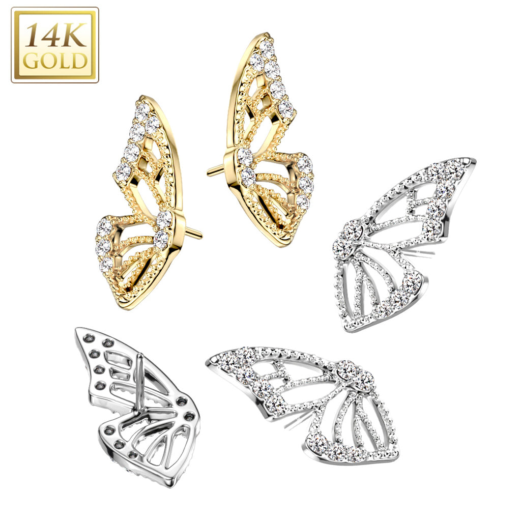 14K Gold Threadless Top Butterfly Wing with Pave CZ's