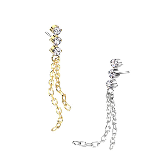 Implant Grade Titanium Threadless Push In 3 CZ Top With Double Chain Dangle