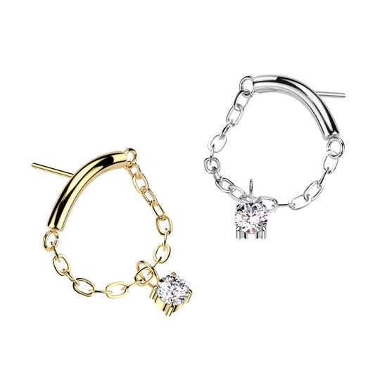 Chain Linked Curved Bar With CZ Dangle