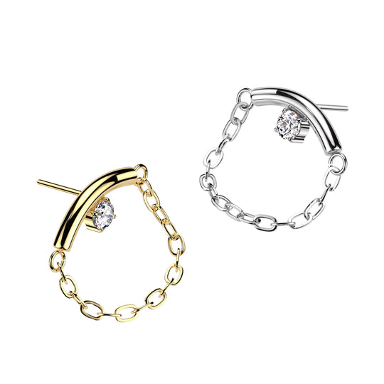 Implant Grade Titanium Threadless Push In Chain Linked Curved Bar With Prong Set CZ