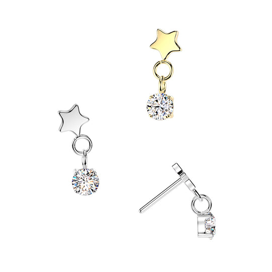 Titanium Threadless Push In Flat Star Top And Round CZ Dangle