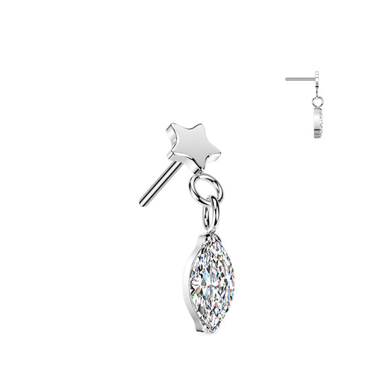 Titanium Threadless Push In Flat Star Top And Marquise CZ Dangle